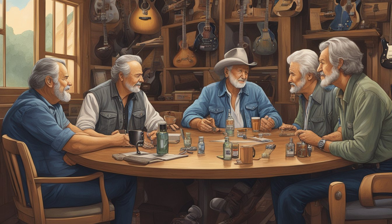 George sits at a round table with other country legends, engaged in deep conversation, surrounded by vintage guitars and memorabilia