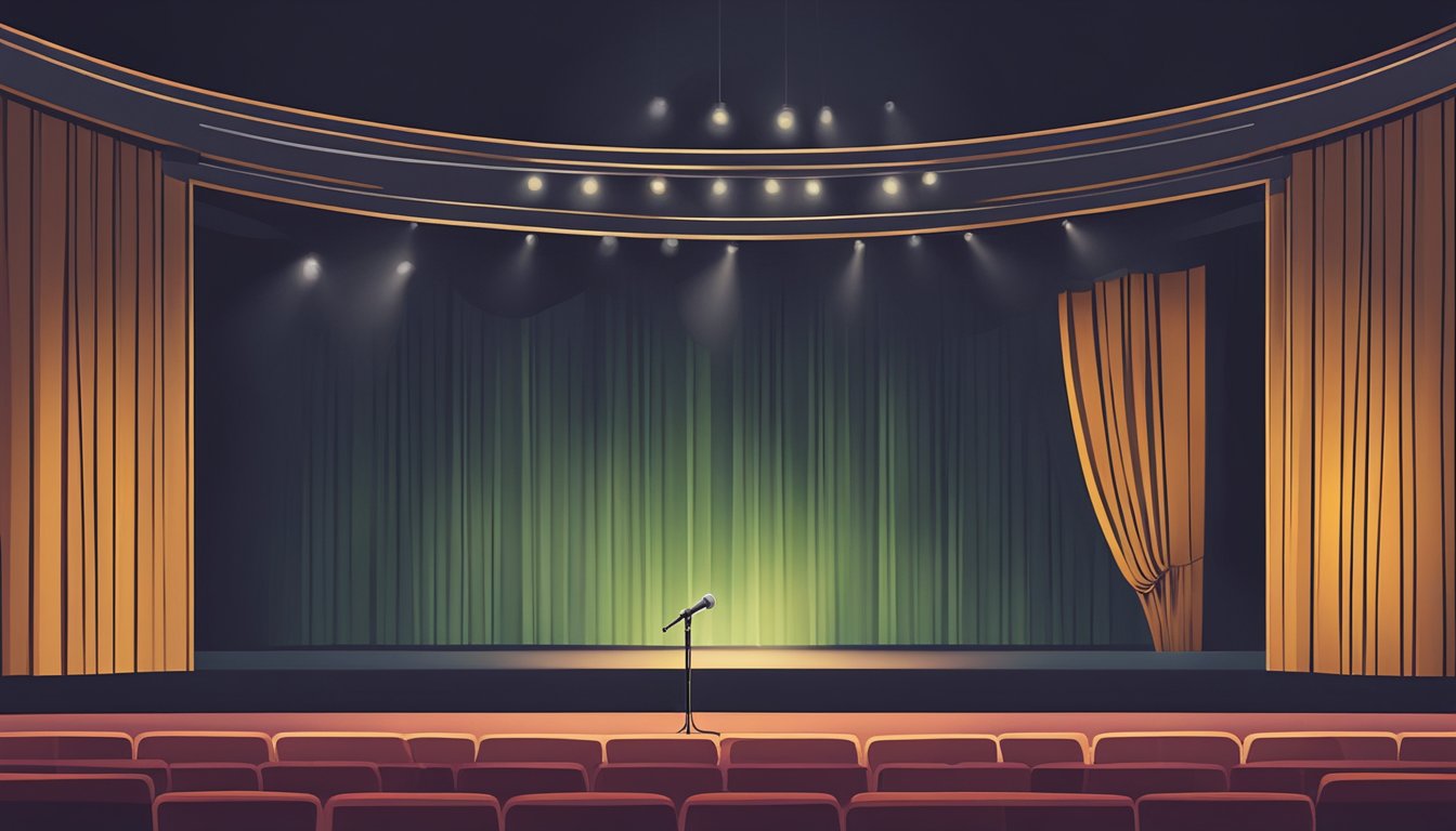 A lone spotlight illuminates a microphone on an empty stage, casting a warm glow as if waiting for a performer to share their soulful ballads with an eager audience