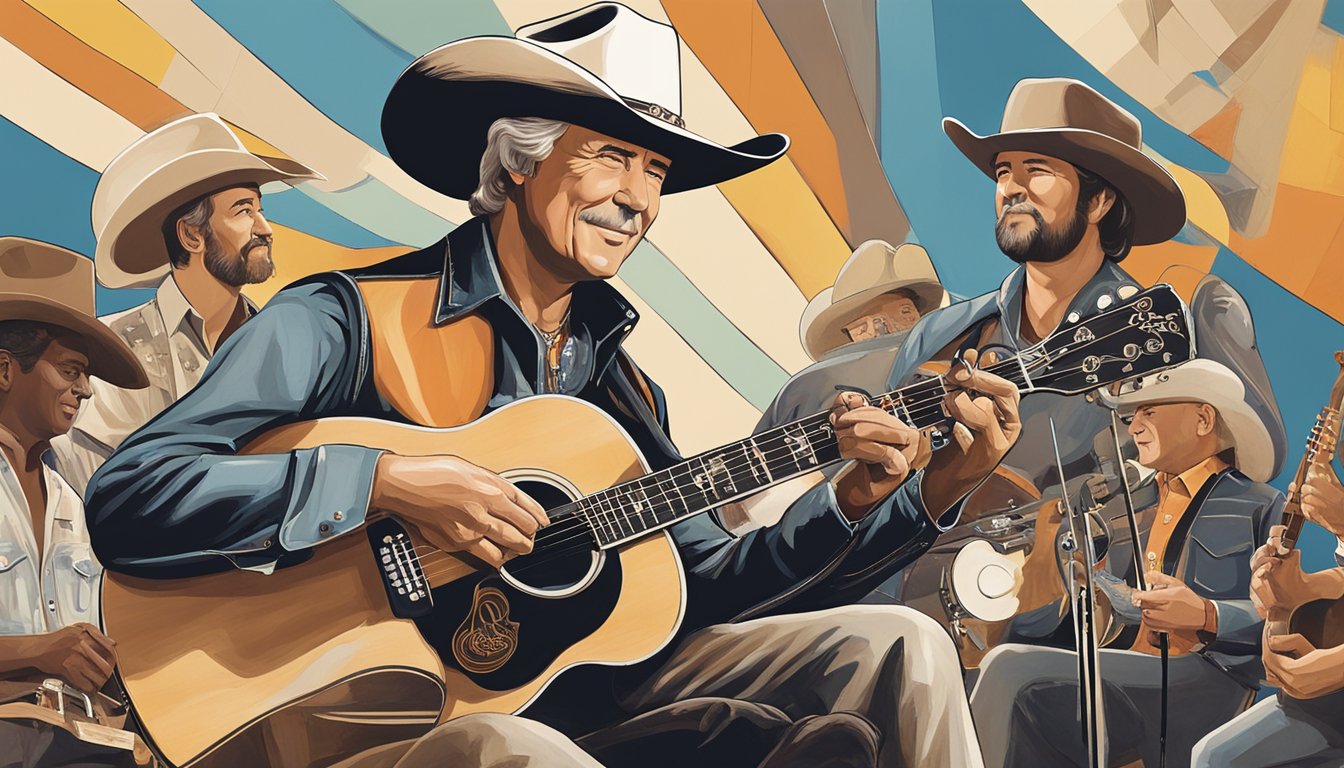 George stands center stage, surrounded by iconic symbols of country music: a cowboy hat, guitar, and vinyl records. He engages in conversation with other legendary country musicians