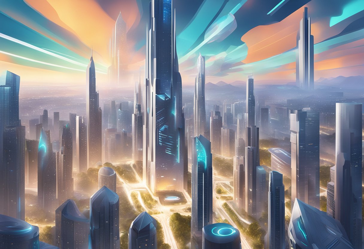 A futuristic cityscape with MICA and USDT logos prominently displayed on towering skyscrapers