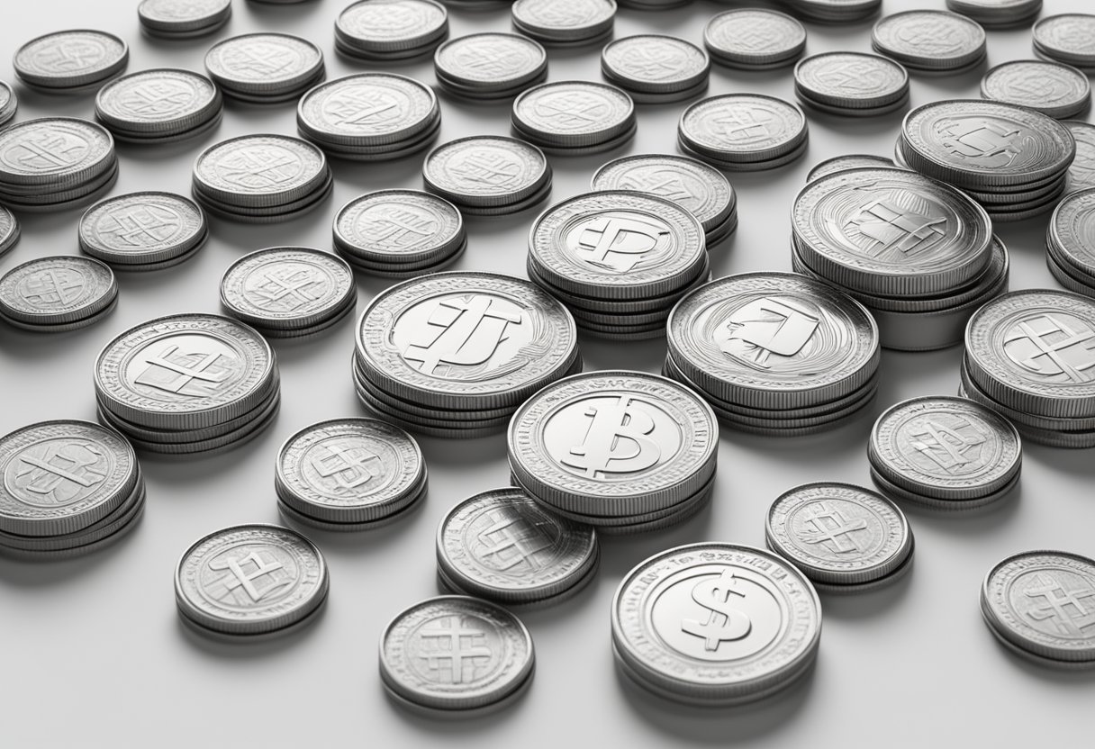 A stack of USDT MICA and USDT coins arranged in a balanced and symmetrical pattern on a clean, white surface