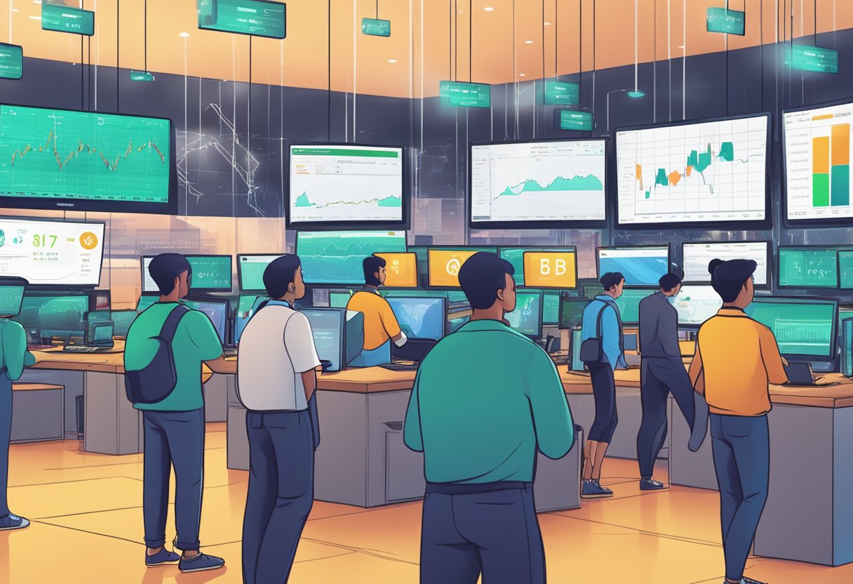 A bustling crypto exchange floor with traders and digital currency charts. MICA and USDT logos prominently displayed