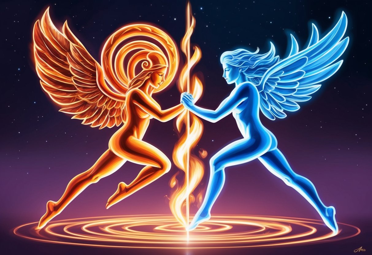 Aries and Gemini symbols entwined in a dynamic dance of fire and air, representing their compatible and energetic relationship