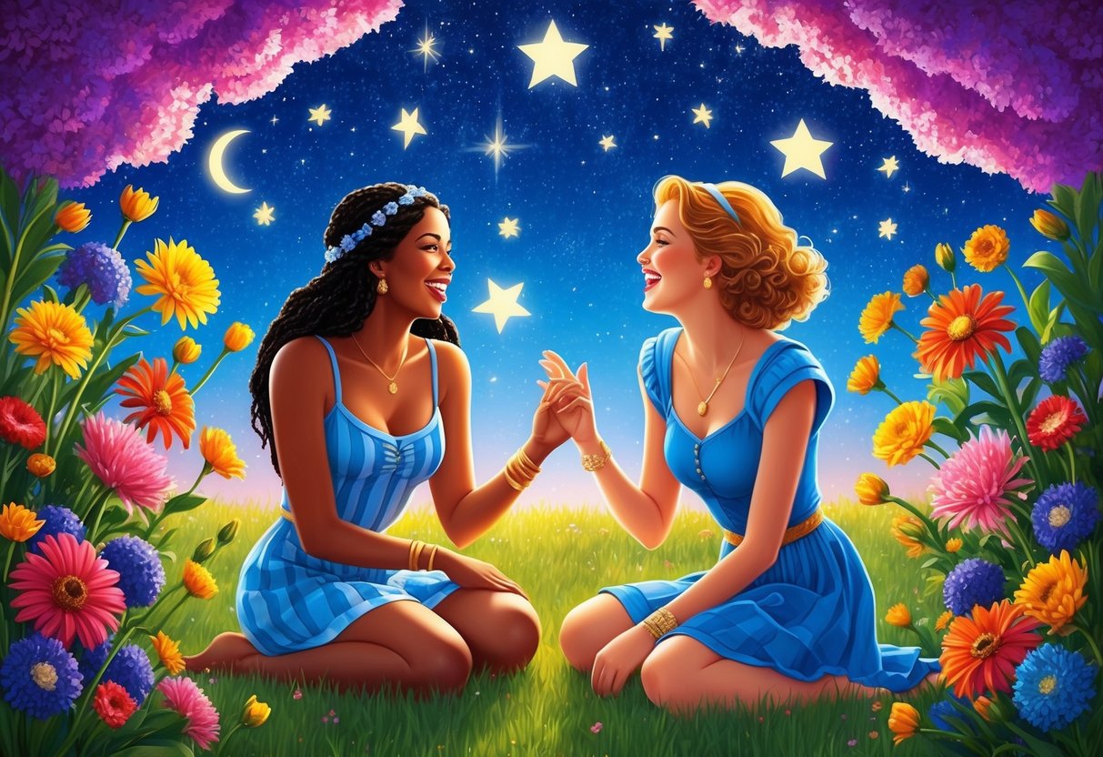 Aries and Gemini sit under a starry sky, engaged in lively conversation and laughter, surrounded by vibrant and colorful flowers