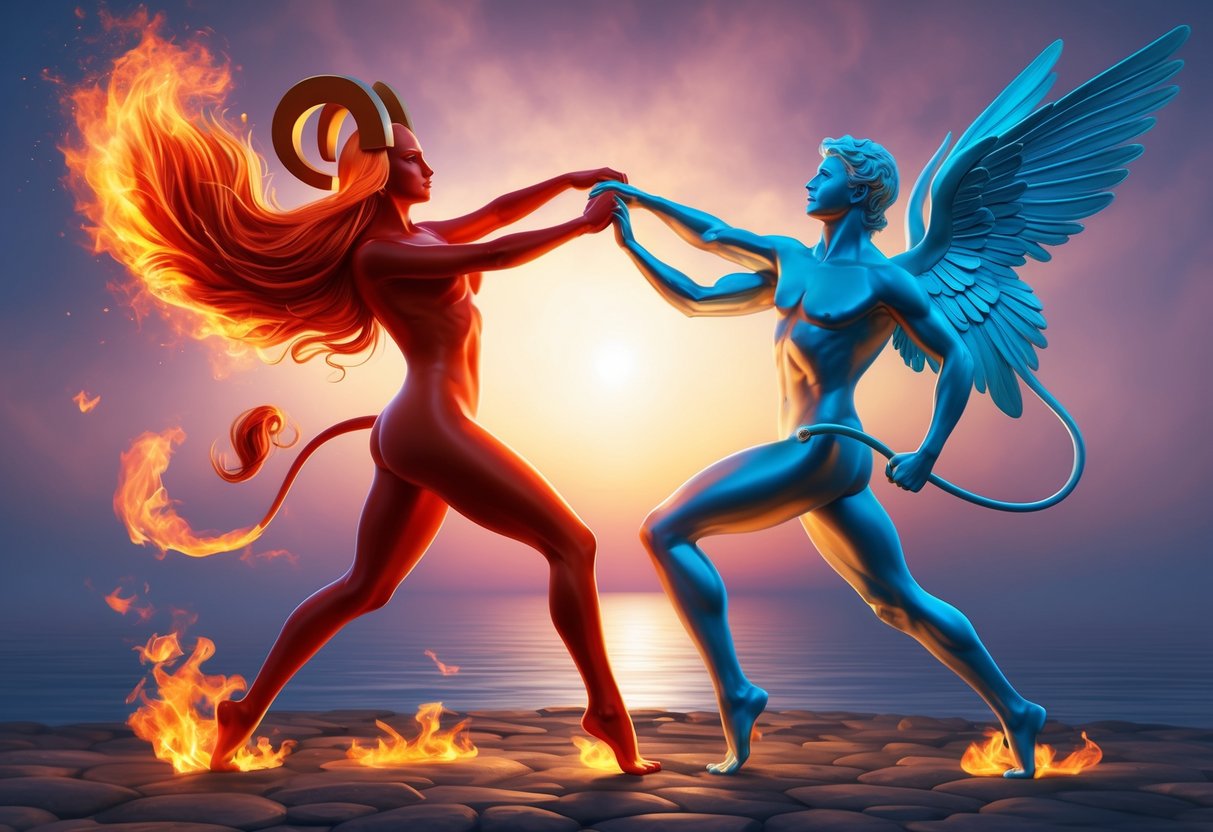 Aries and Gemini zodiac symbols entwined in a dynamic dance of fiery passion and intellectual curiosity