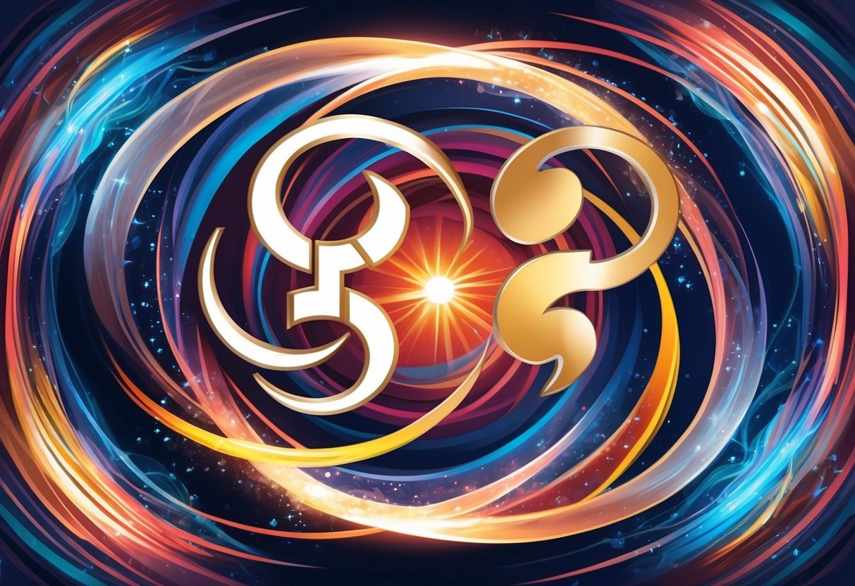 Aries and Gemini symbols entwined in a dance of passion and communication, surrounded by swirling colors and harmonious energy