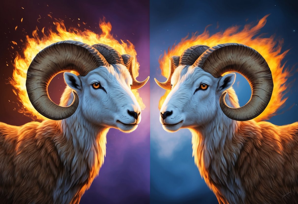 An Aries and Gemini face off, their fiery and airy energies sparking tension. A ram butts heads with a twin, symbolizing the clash of independence and adaptability