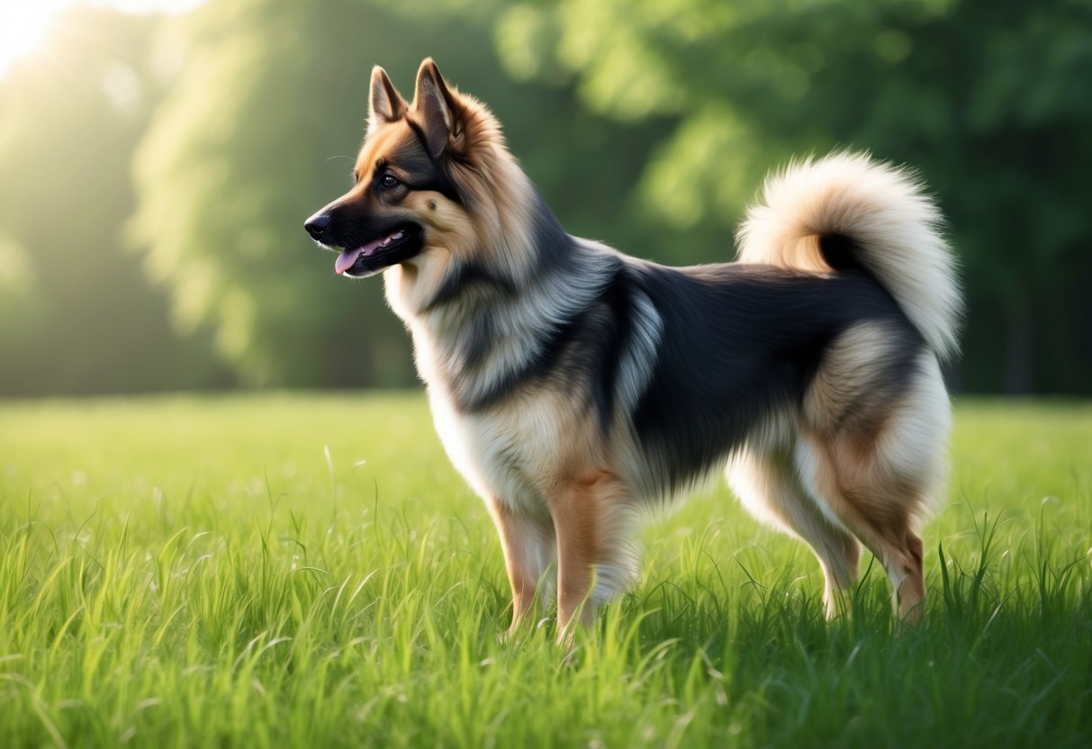 A German Spitz dog standing in a lush green field, with its fluffy coat catching the sunlight as it looks off into the distance