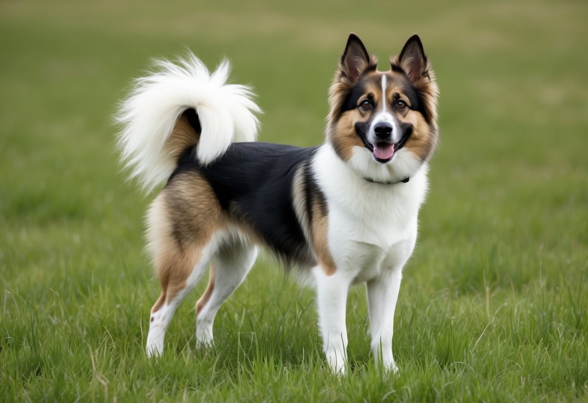 A German Spitz dog stands alert in a grassy field, with its pointed ears perked up and a fluffy tail held high