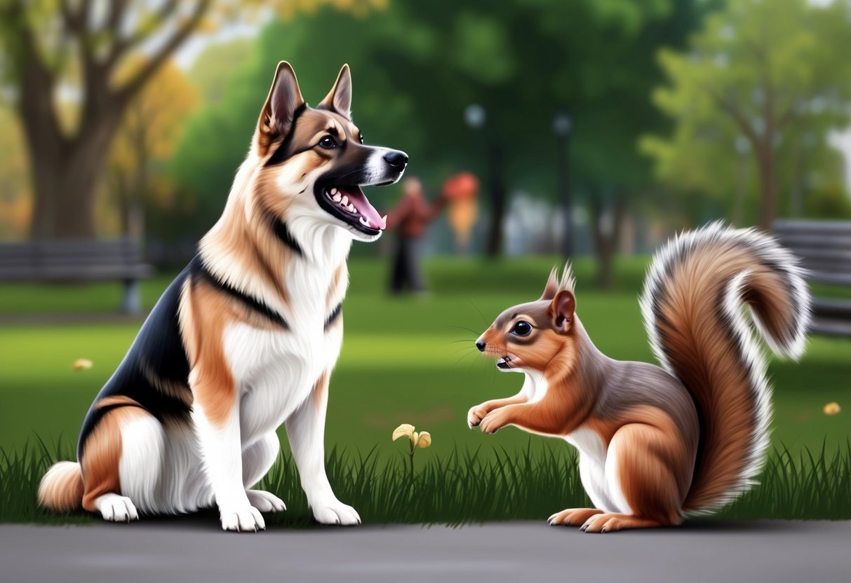 A German Spitz dog barking at a squirrel in a park