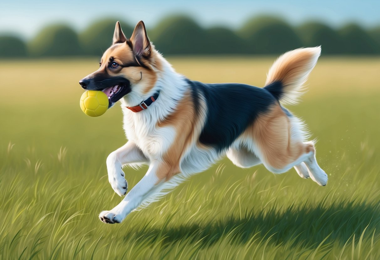 A German Spitz dog running in a grassy field, with a ball in its mouth and a happy expression