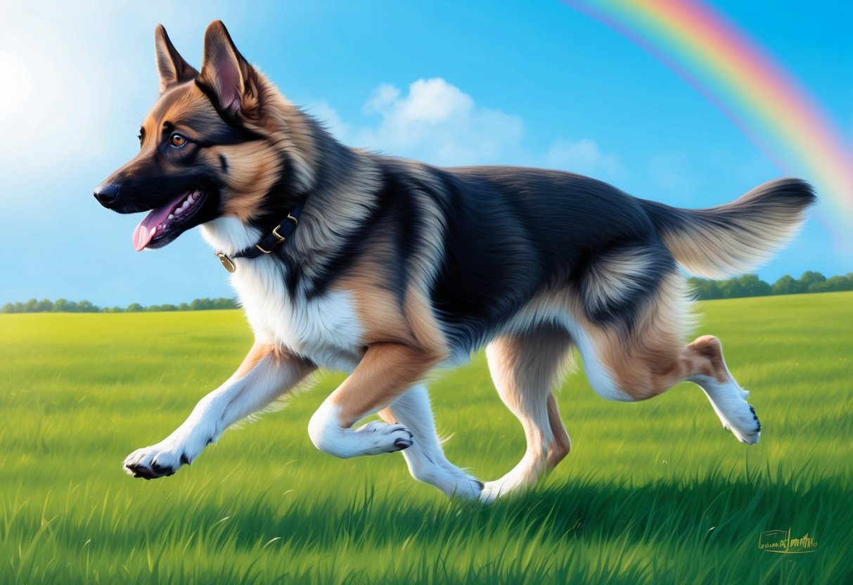 A German Spitz dog running through a lush green field with a bright blue sky and a rainbow in the background