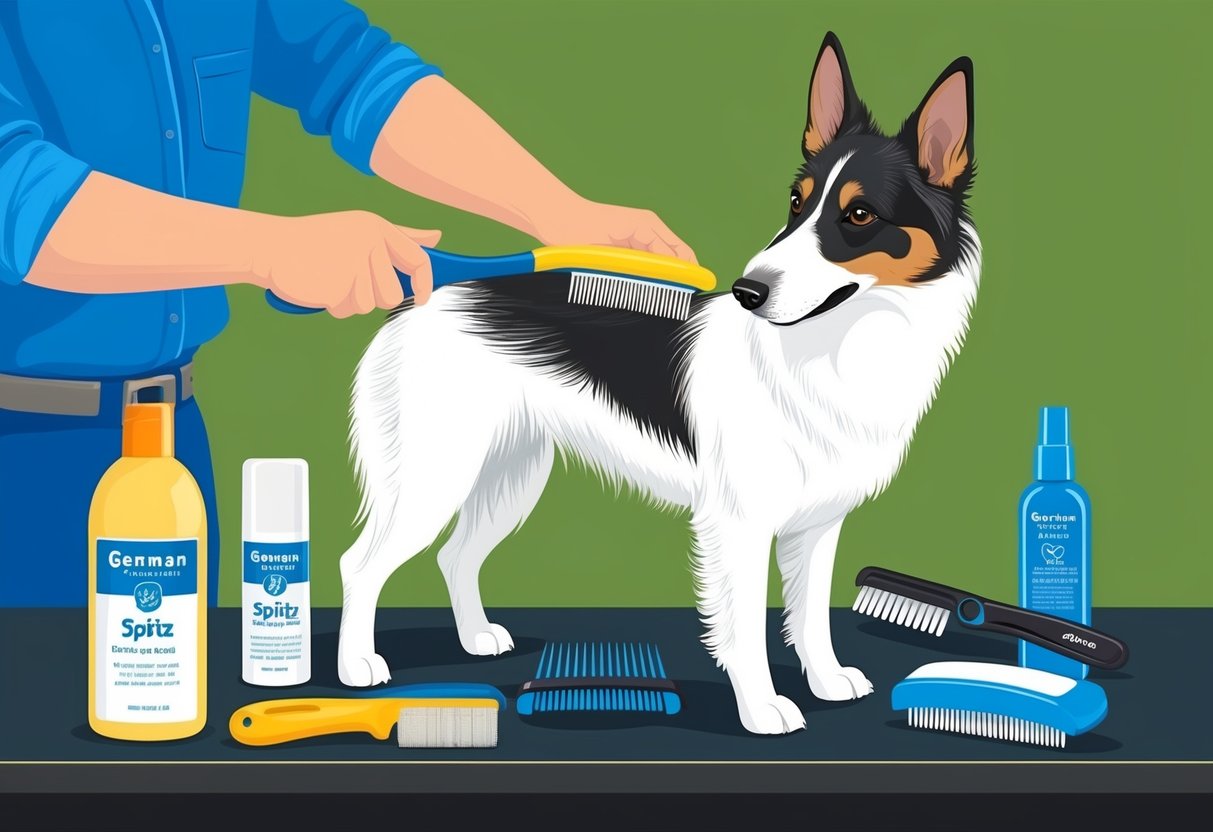 A German Spitz dog being groomed with a brush and comb, surrounded by grooming tools and products on a table