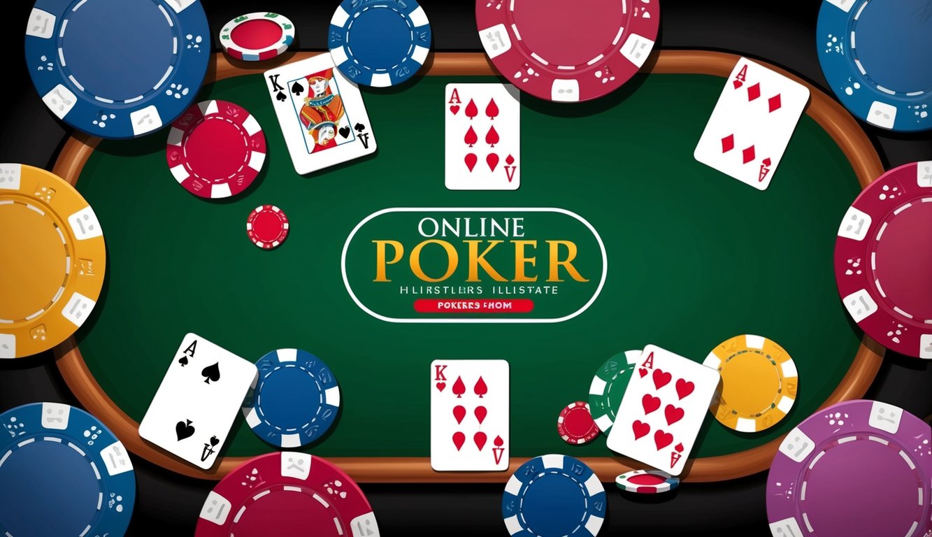 Sebuah meja poker online yang berwarna-warni dan hidup dengan chip dan kartu