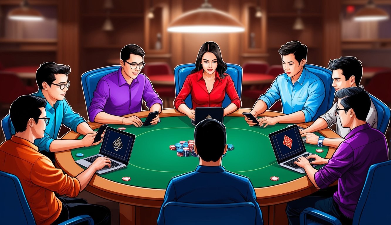 Sekelompok pemain poker berkumpul di sekitar meja virtual, masing-masing dengan perangkat mereka sendiri, fokus pada layar mereka saat bermain online.