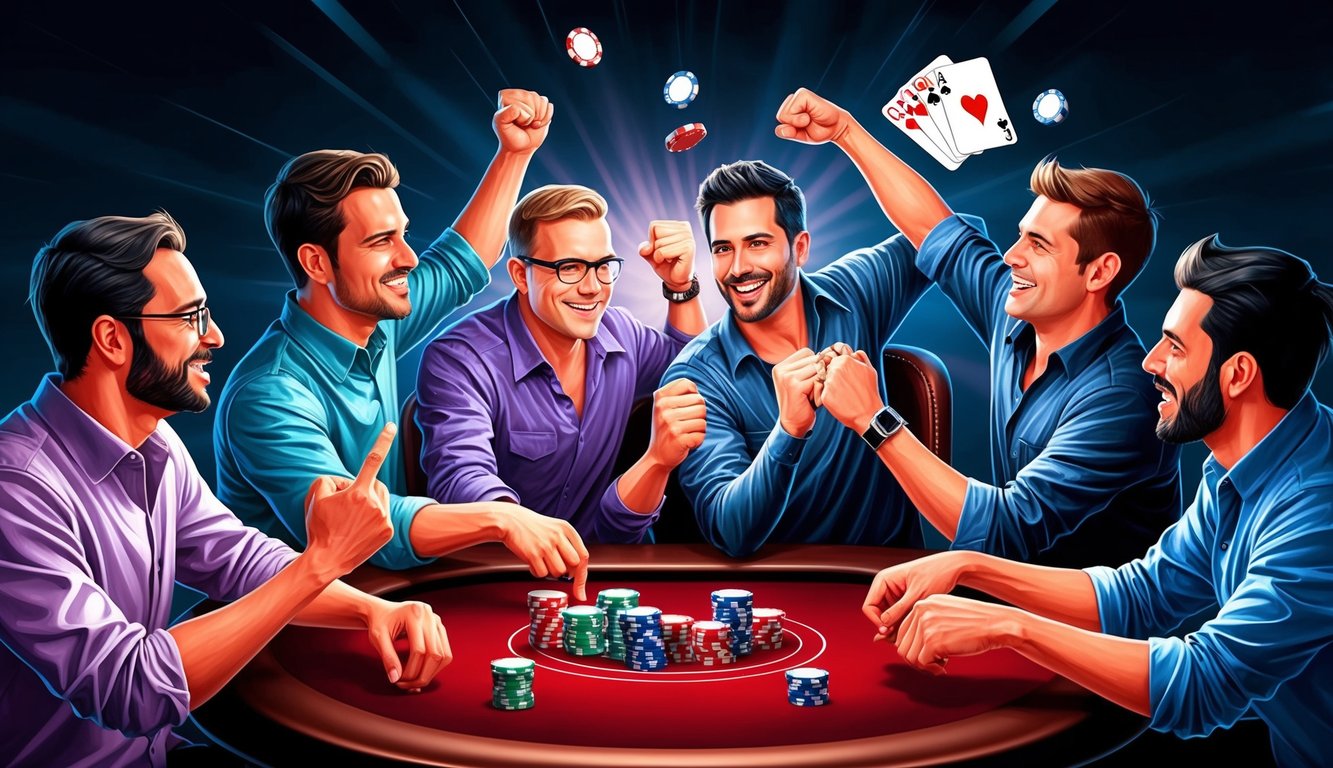 Sekelompok pemain poker online yang merencanakan strategi dan merayakan tangan yang menang