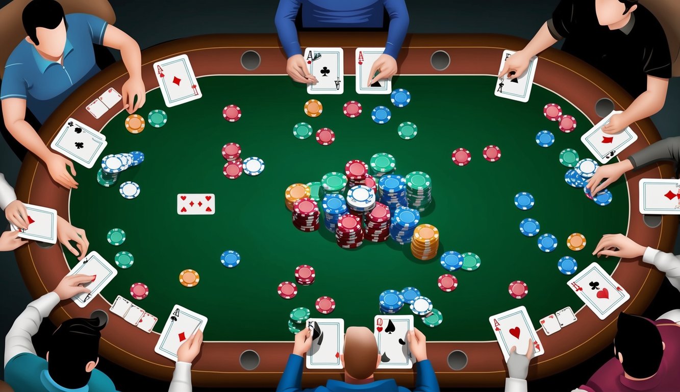 Sekelompok meja poker dikelilingi oleh pemain, dengan chip dan kartu berwarna-warni tersebar di permukaan felt