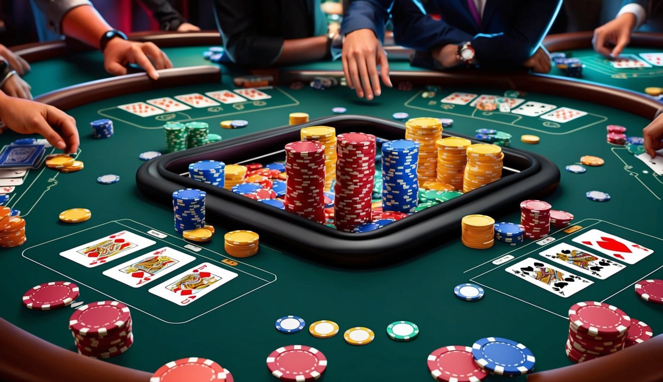 Sekelompok meja poker virtual dipenuhi dengan pemain, dengan kartu dan chip berwarna-warni tersebar di seluruh antarmuka digital