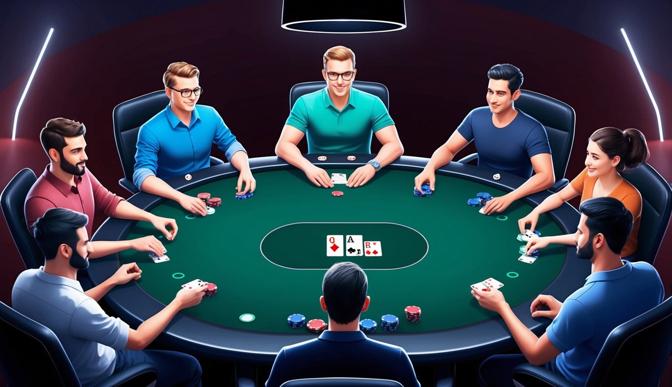 Sekelompok pemain duduk di sekitar meja poker virtual, avatar mereka berinteraksi dengan kartu dan chip virtual di antarmuka yang ramping dan modern.