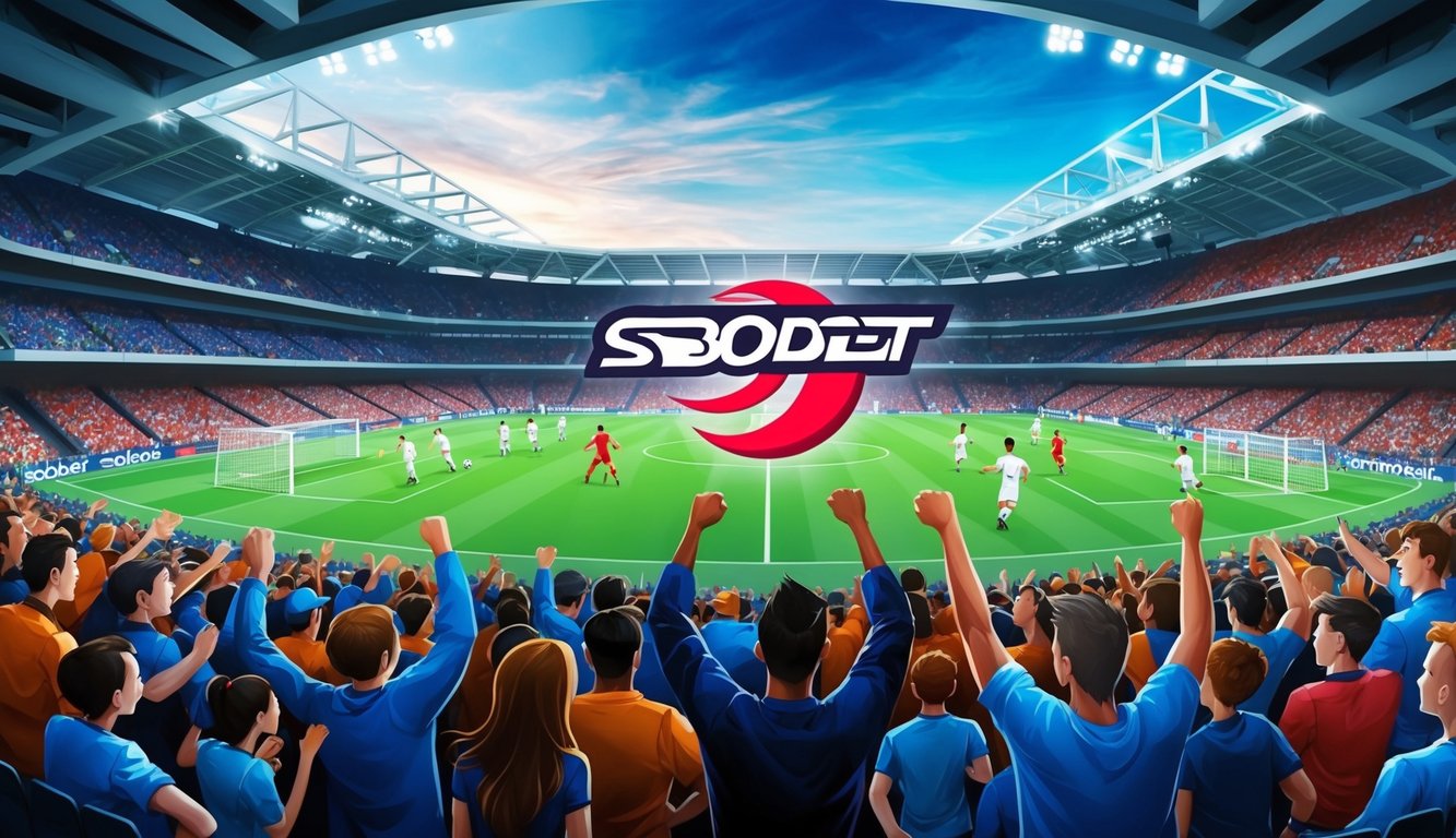 Sebuah stadion sepak bola yang ramai dengan penggemar yang bersorak dan pemain di lapangan, dengan logo Sbobet ditampilkan dengan jelas