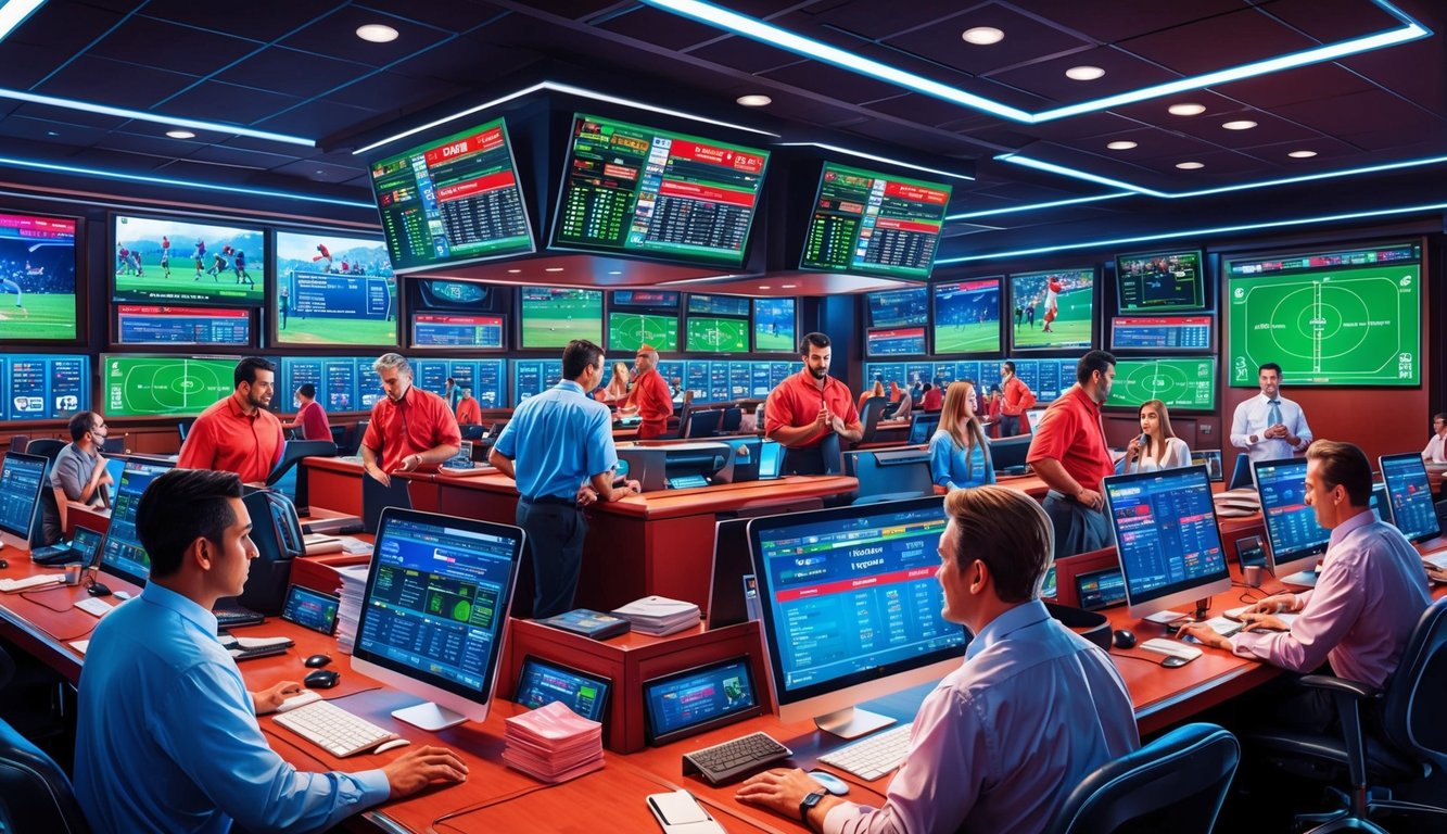 Sebuah kantor sportsbook yang ramai dan hidup dengan layar digital dan staf yang sibuk