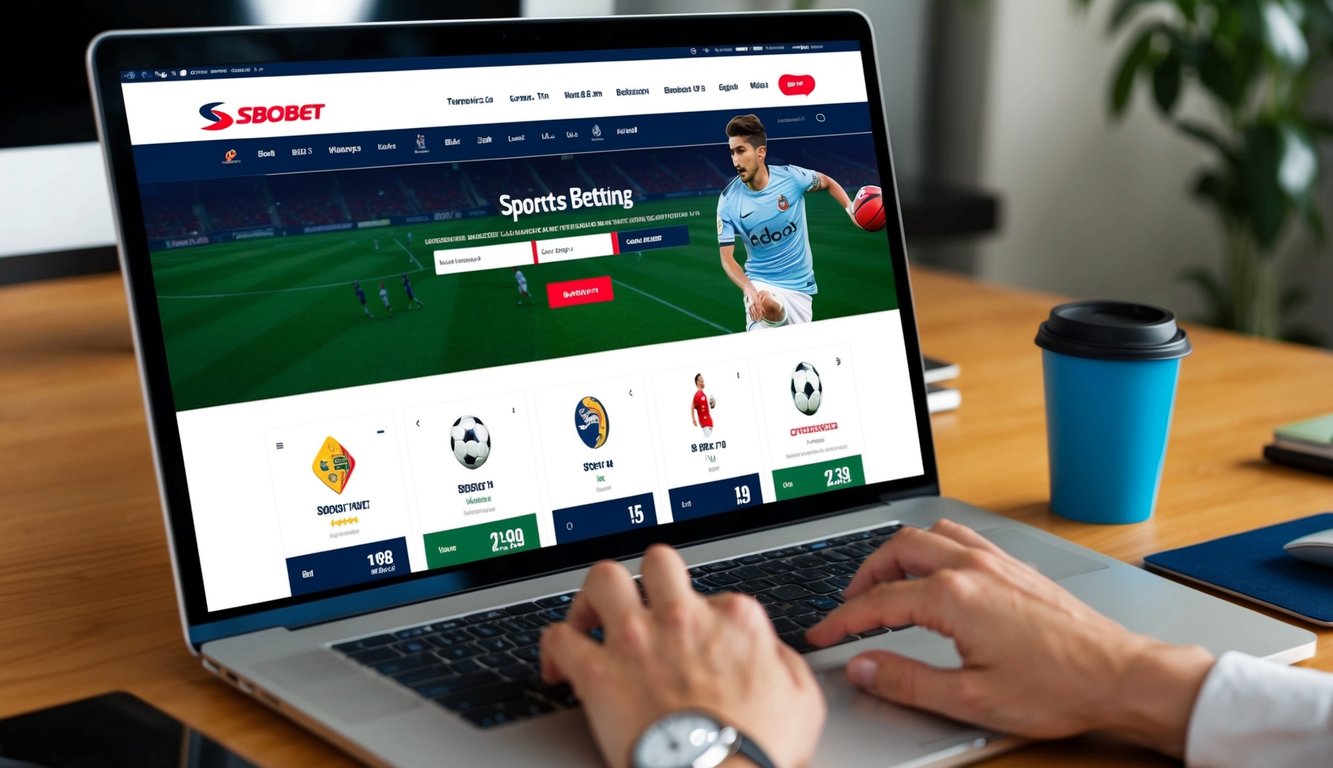 Sebuah layar komputer menampilkan situs web resmi Sbobet dengan logo dan berbagai opsi taruhan olahraga