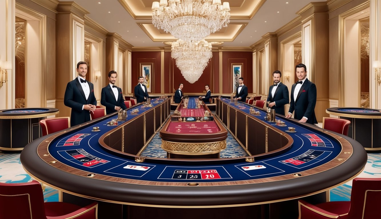 Sebuah meja baccarat mewah dengan dekorasi elegan dan dealer profesional