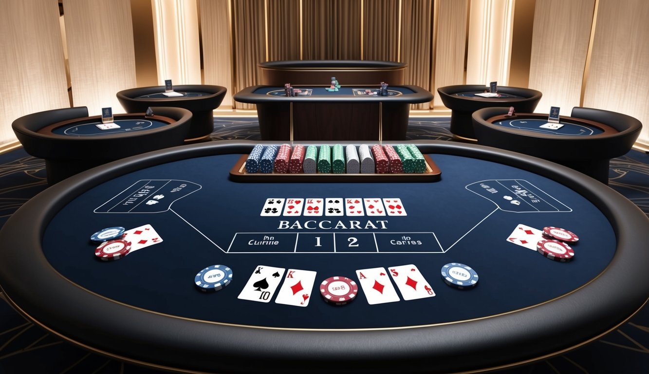 Sebuah meja baccarat online yang ramping dan modern dengan kartu dan chip digital, dikelilingi oleh latar belakang mewah dengan pencahayaan yang lembut