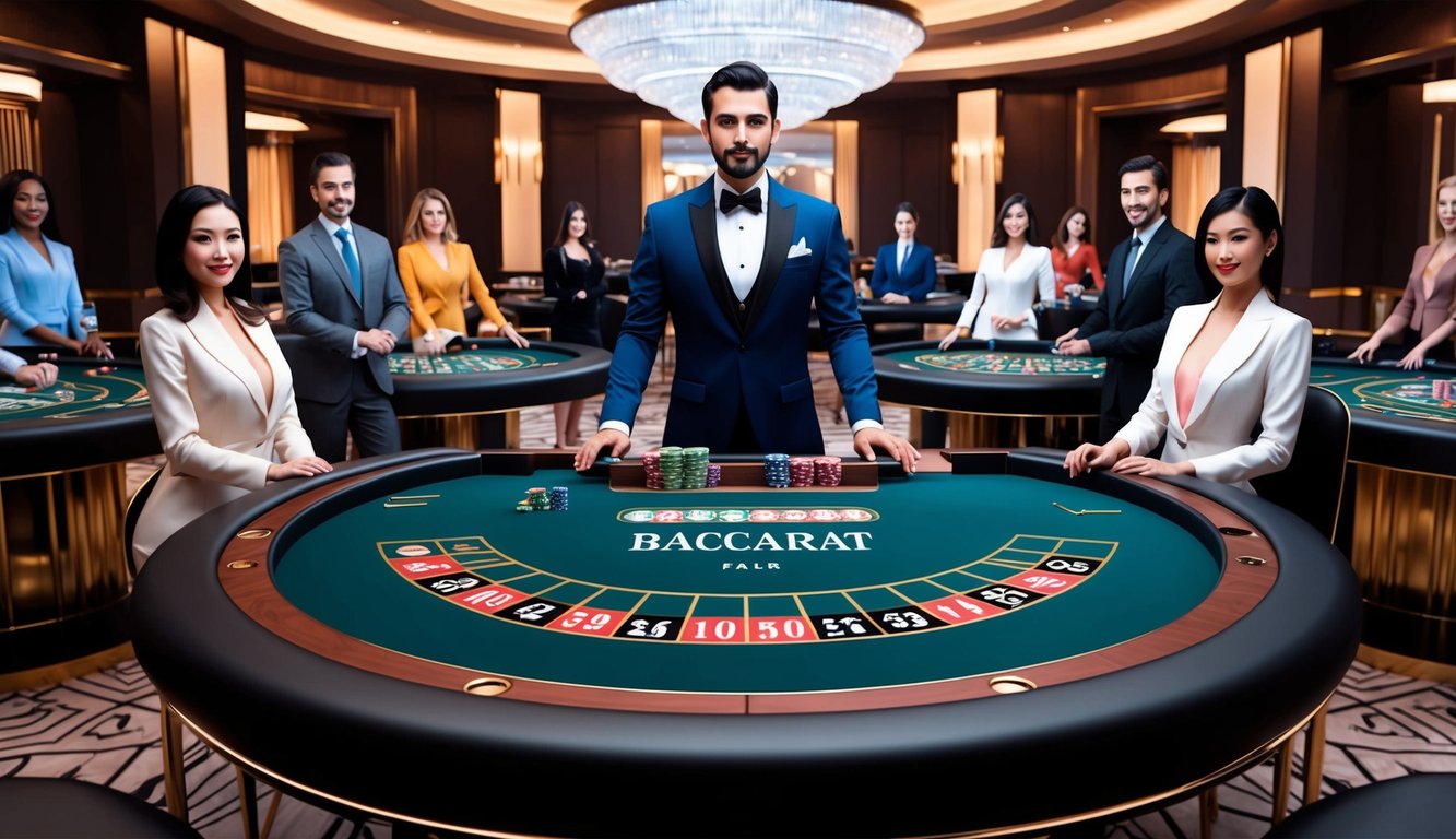 Sebuah meja baccarat online yang ramping dengan dealer profesional, dikelilingi oleh pemain virtual di lingkungan kasino yang elegan dan mewah