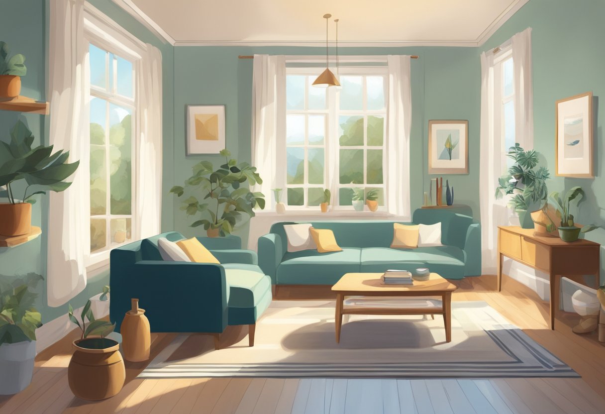 A serene, clutter-free room with a few carefully chosen items, soft natural light, and open space, evoking a sense of peace and simplicity