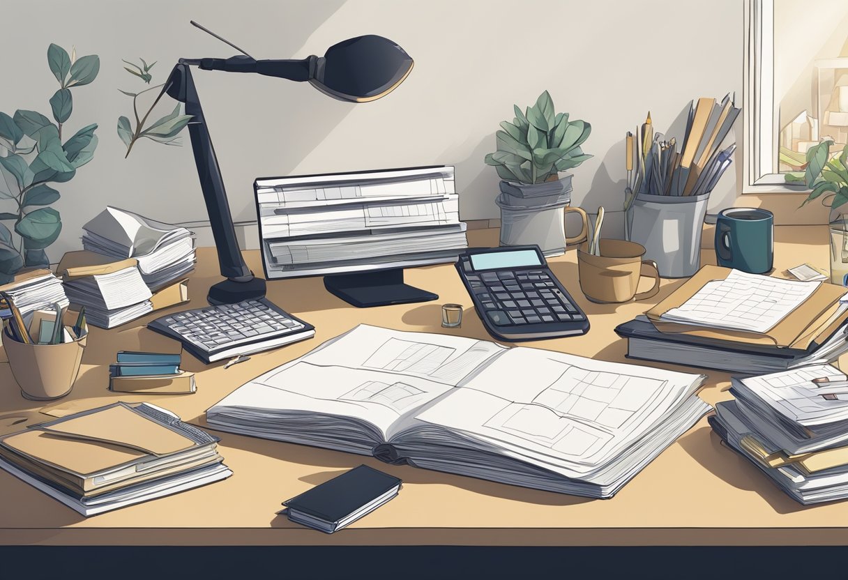 A cluttered desk with scattered papers, books, and office supplies. A serene, uncluttered space with a few carefully chosen items