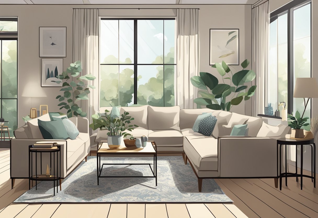 A serene, clutter-free living room with a few carefully chosen, simple furnishings and decor. Light streams in through open windows, creating a sense of calm and freedom