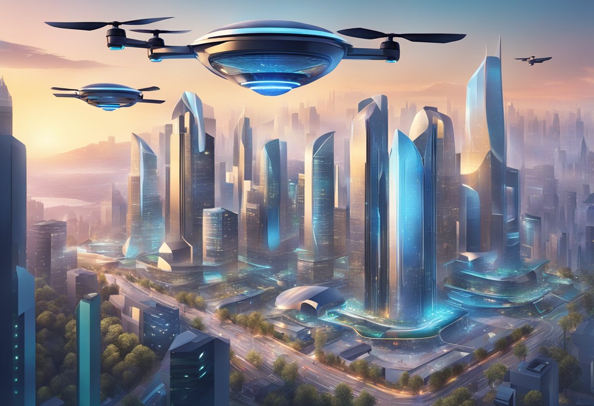 A futuristic cityscape with AI-powered drones and smart buildings, showcasing the integration of artificial intelligence into everyday life