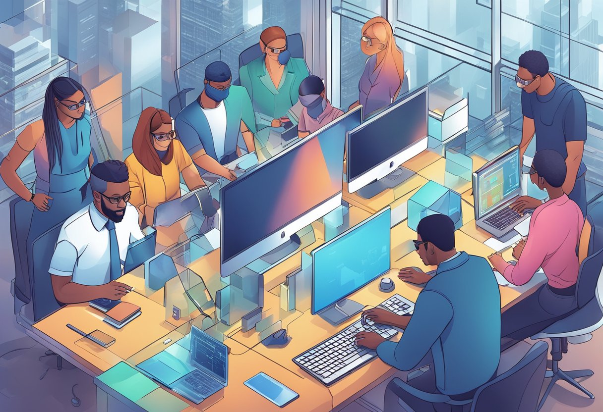 A group of diverse individuals working together on a complex project, surrounded by advanced technology and AI systems