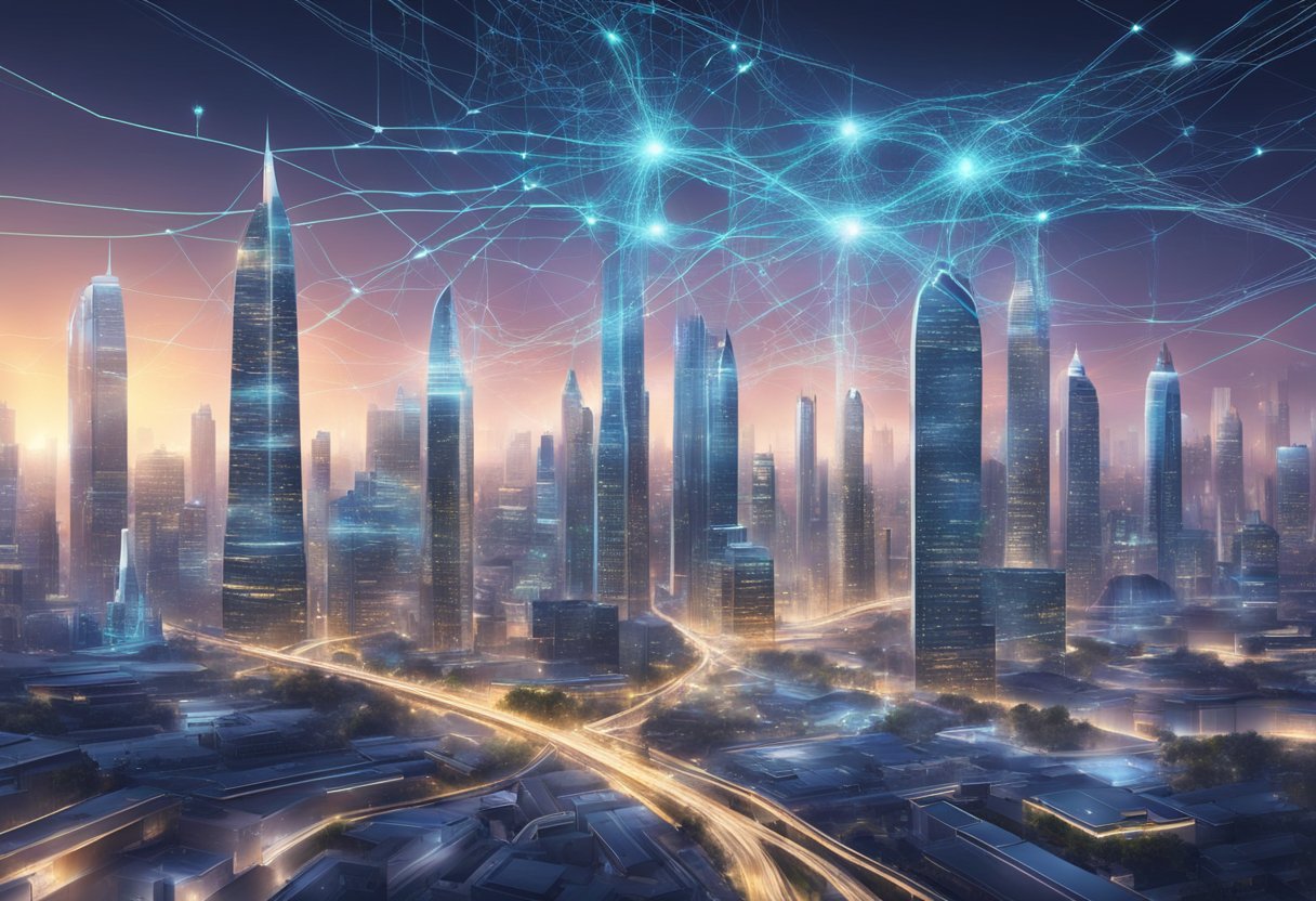 A futuristic city skyline with interconnected neural pathways weaving through the buildings, symbolizing the integration of AI technology into everyday life
