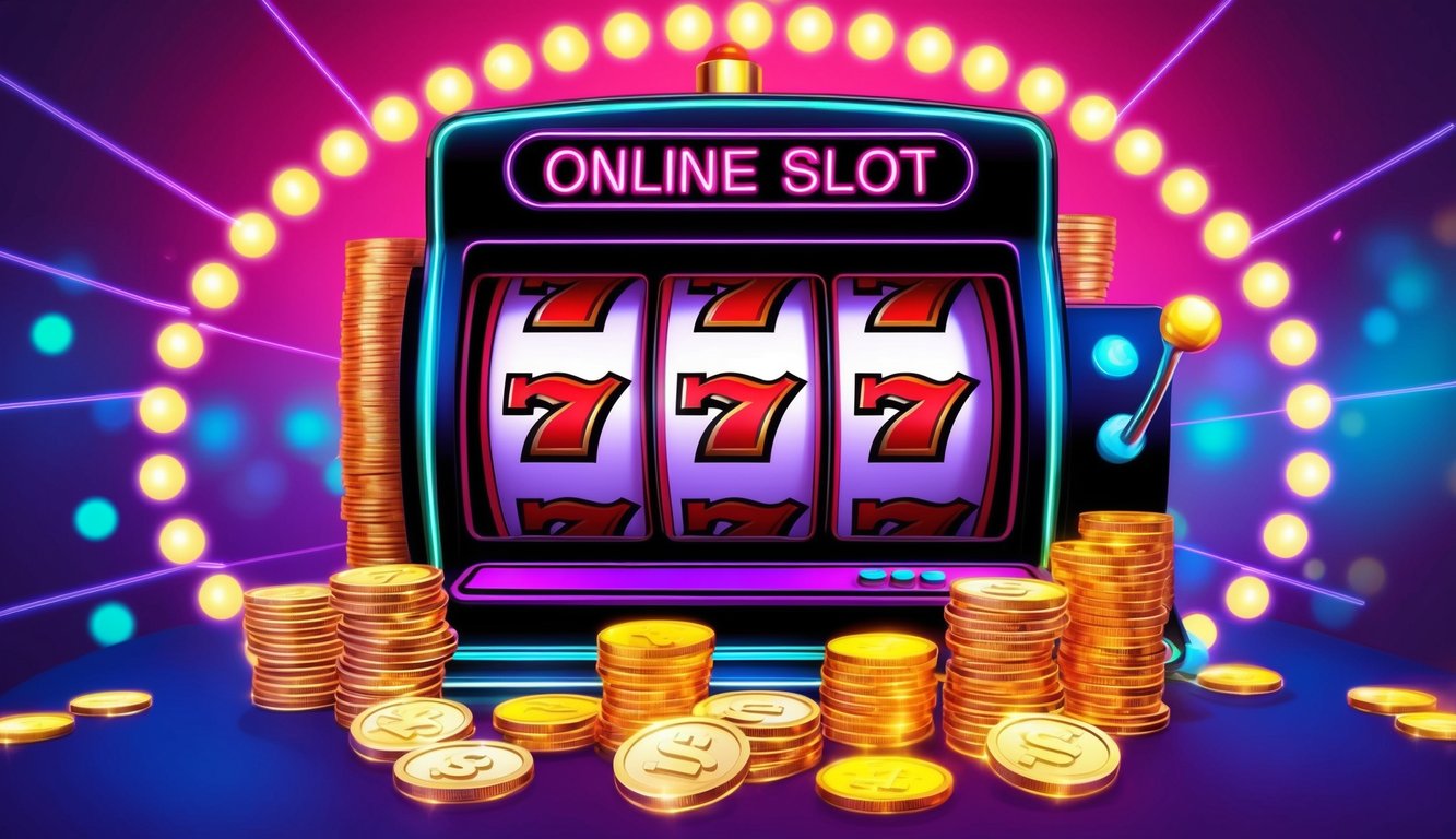 Sebuah mesin slot online yang hidup dikelilingi oleh cahaya neon yang bersinar dan koin yang berkilau