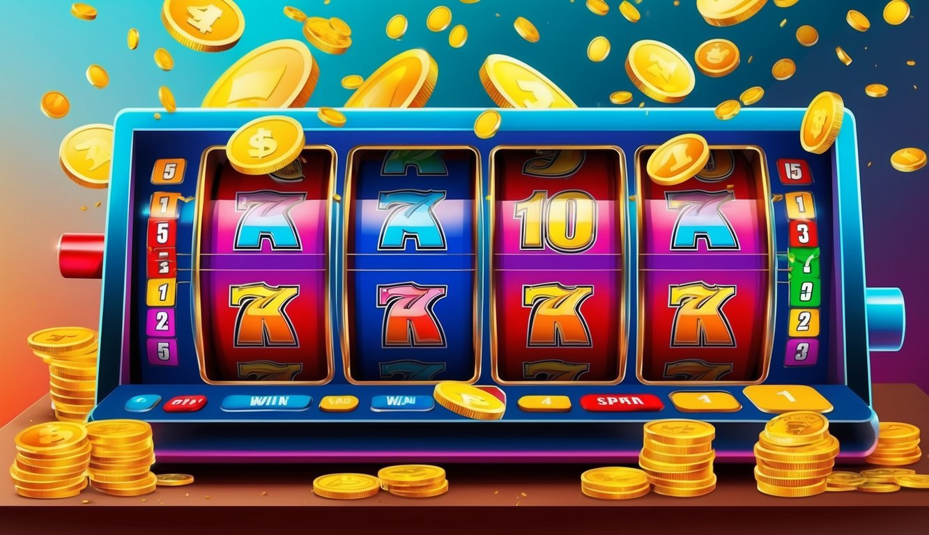 Mesin slot online berwarna-warni dengan kombinasi kemenangan dan koin yang jatuh dari atas