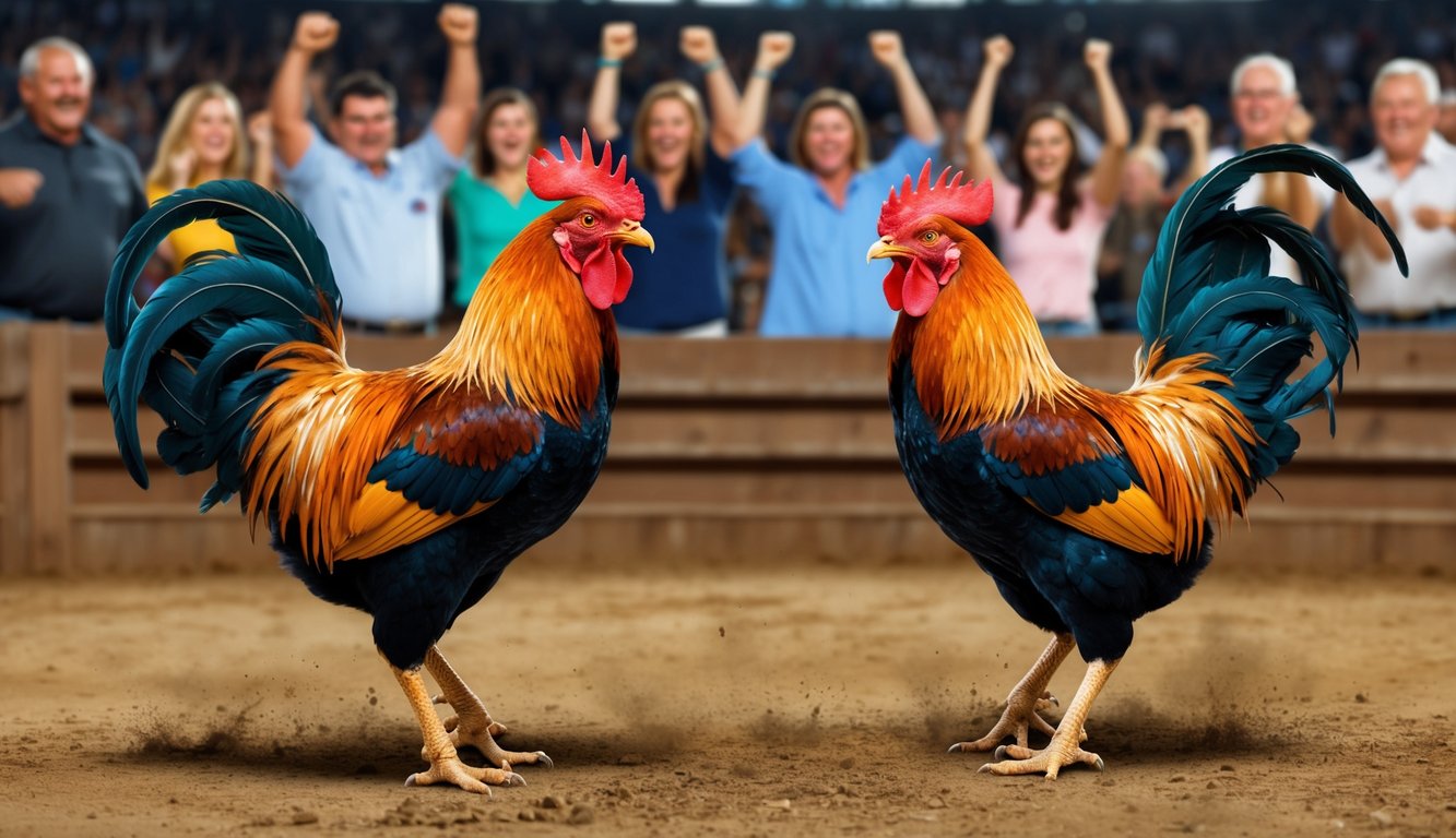 Dua ayam jantan berhadapan di arena tanah, bulu-bulu mereka mengembang, paruh terbuka dalam sikap agresif, dikelilingi oleh penonton yang bersorak.