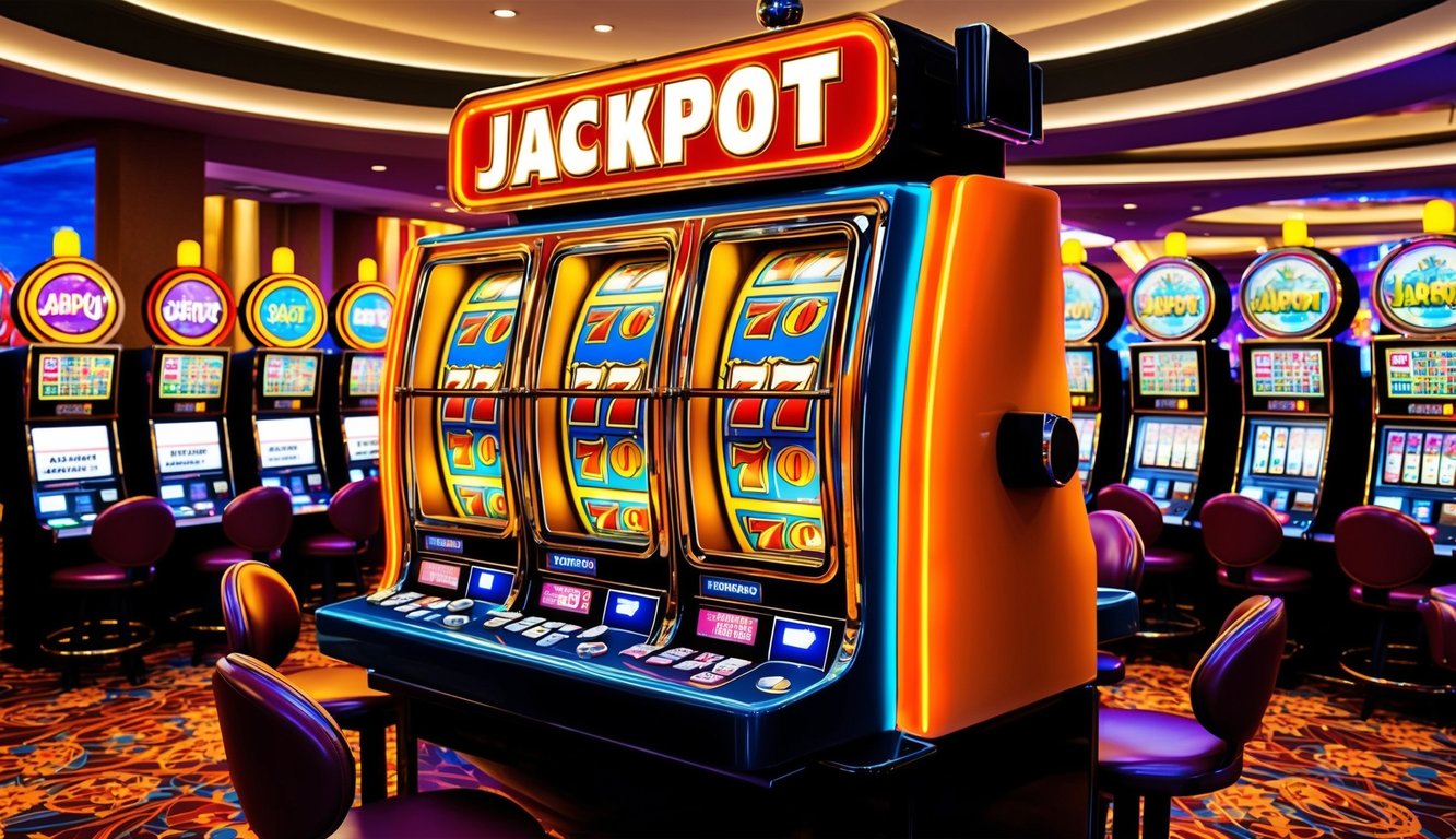 Sebuah mesin slot yang berwarna-warni dan berkedip dengan kata "Jackpot" ditampilkan dengan jelas, dikelilingi oleh mesin slot lainnya di kasino yang ramai dan hidup