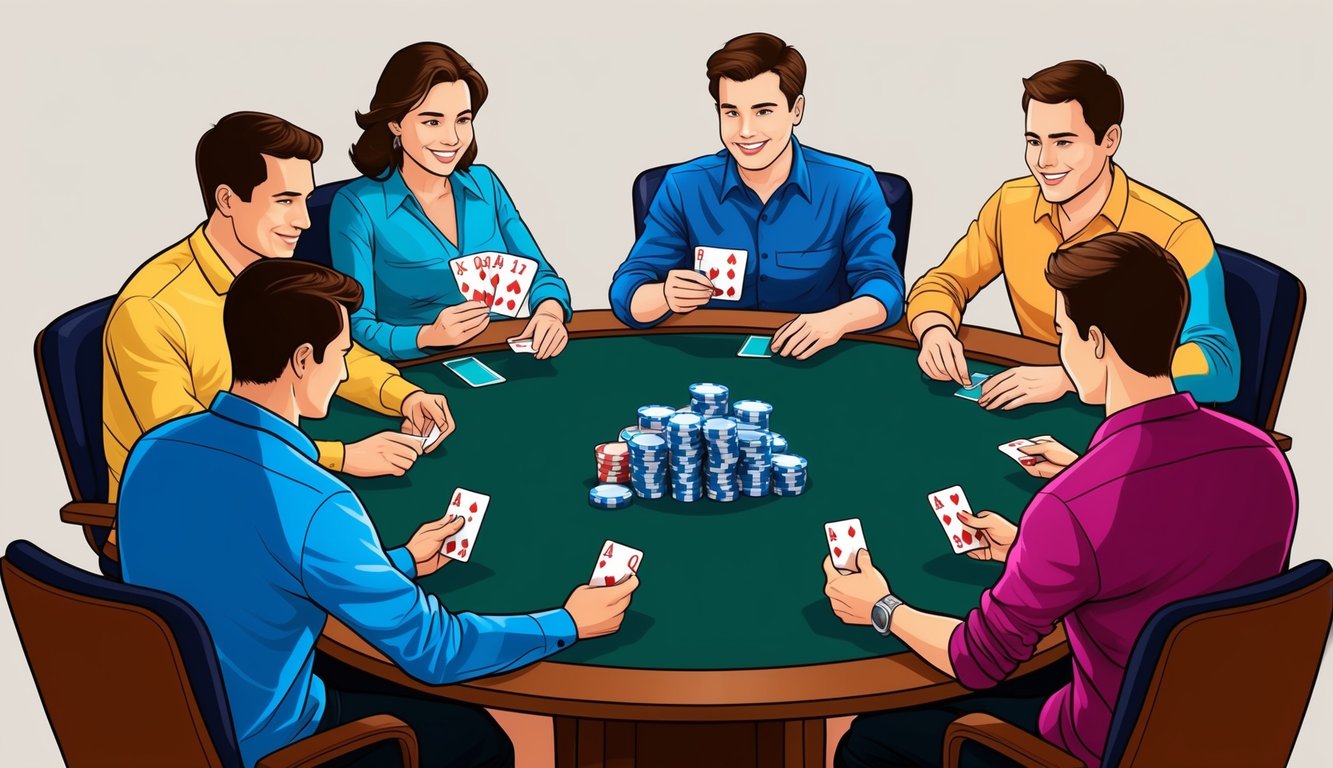 Sekelompok pemain duduk di sekitar meja, masing-masing memegang selembar kartu dan memasang taruhan, dengan tumpukan chip poker di tengah