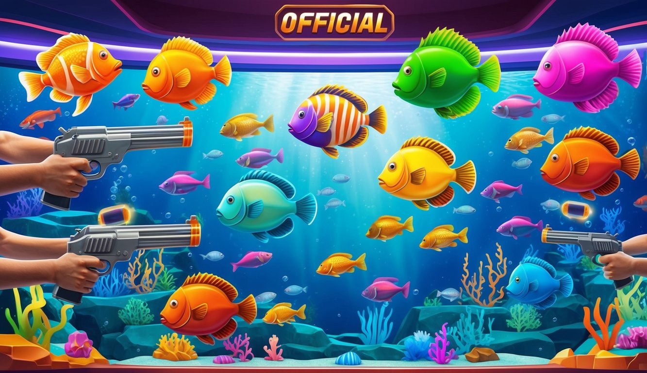 Sebuah arcade permainan tembak ikan resmi yang ramai. Makhluk laut berwarna-warni berenang di dunia bawah laut yang penuh warna, sementara pemain mengarahkan dan menembak dengan senjata mereka.