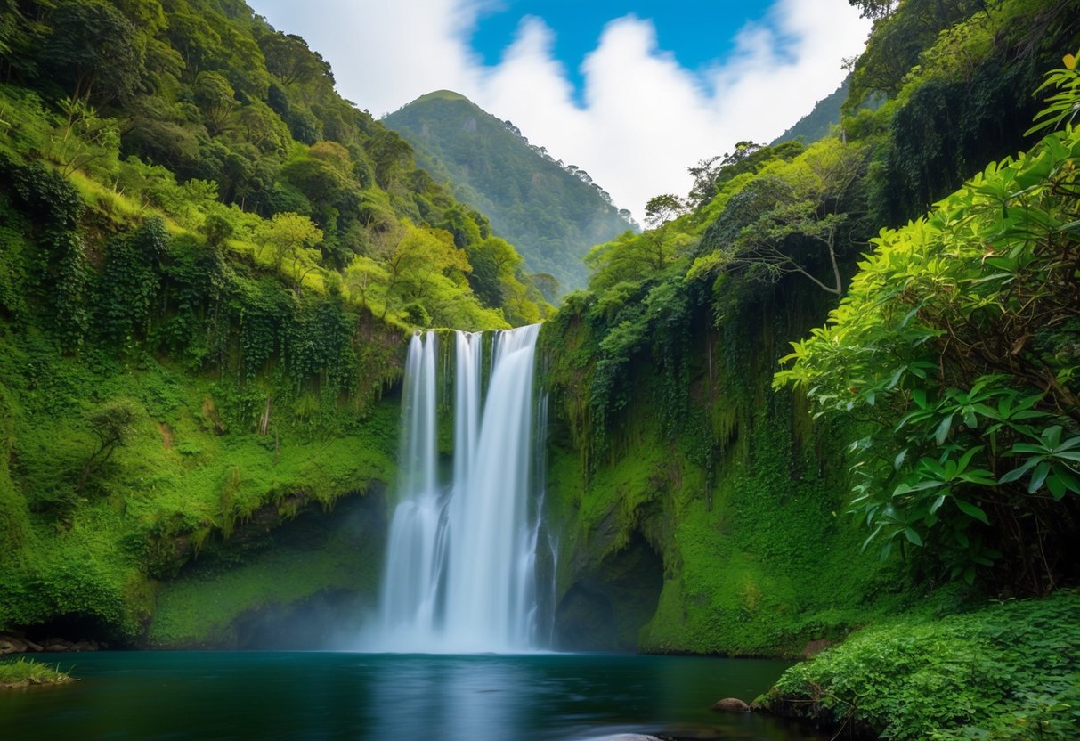 Uma cachoeira serena desce por um lado de montanha verdejante, cercada por flora e fauna vibrantes, exalando uma sensação de tranquilidade e significado espiritual.