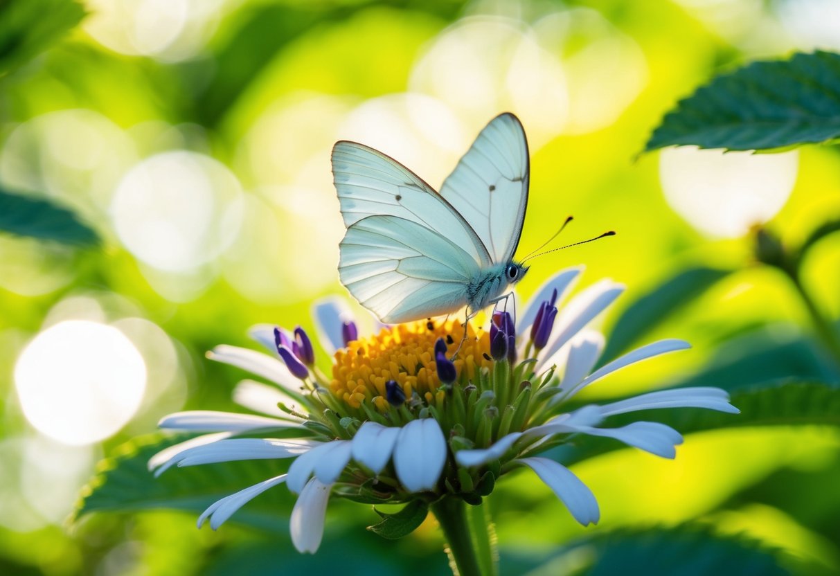 Uma borboleta branca repousando em uma flor em flor, cercada por raios de sol filtrando através das folhas