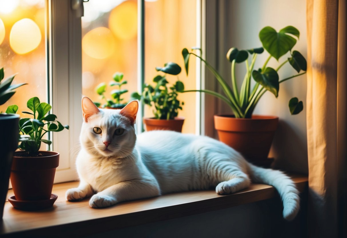 Um gato branco descansando em um peitoril de janela aconchegante, cercado por plantas em vasos e banhado pela luz do sol quente