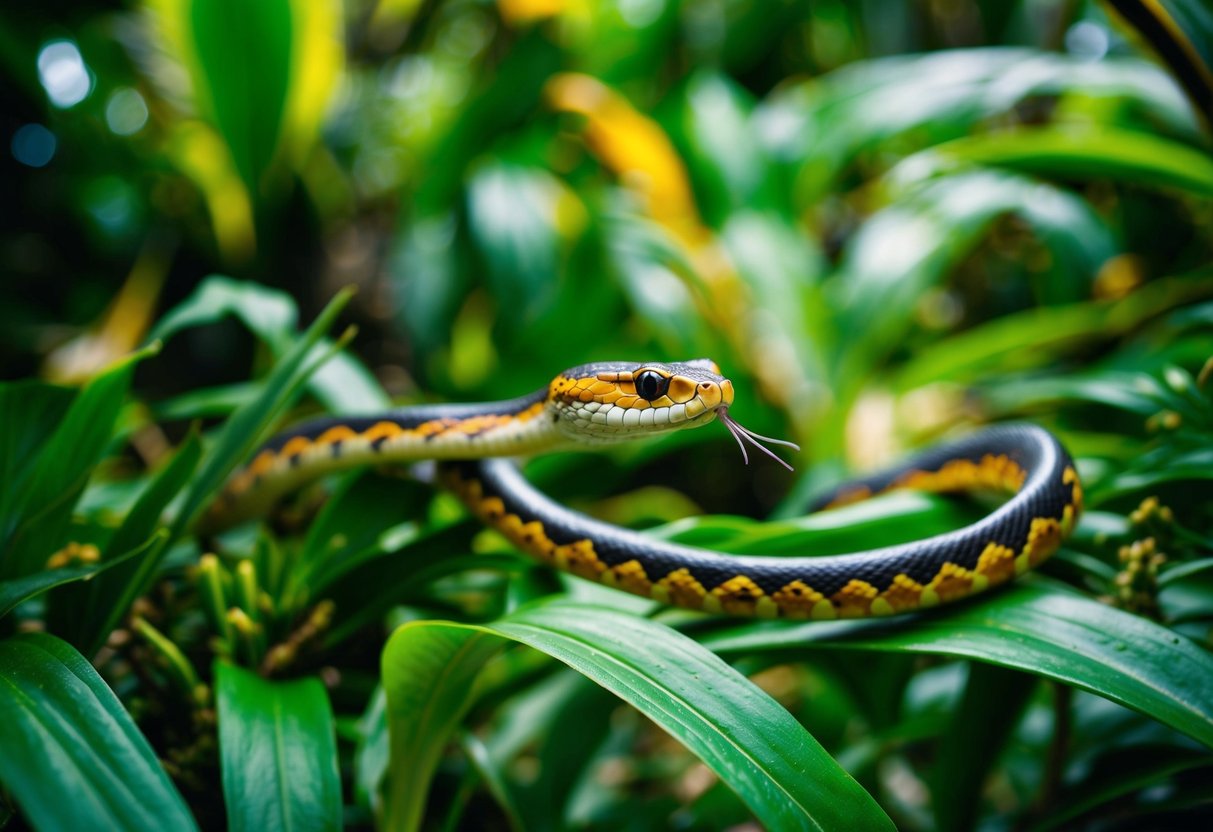 Uma cobra desliza por uma selva exuberante, suas cores vibrantes se misturando com a folhagem enquanto se move graciosamente pela vegetação rasteira.