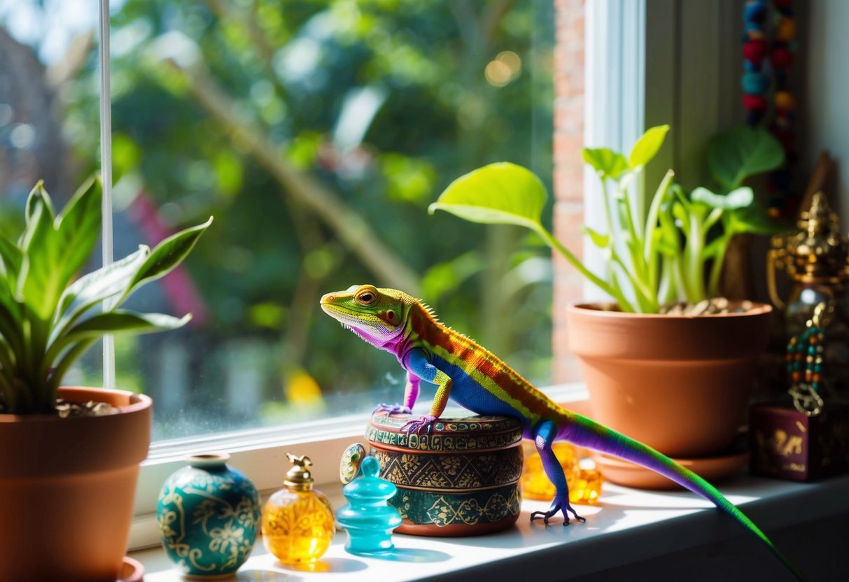 Uma pequena lagartixa colorida empoleirada em um peitoril de janela ensolarado, cercada por plantas em vasos e objetos de diferentes culturas.