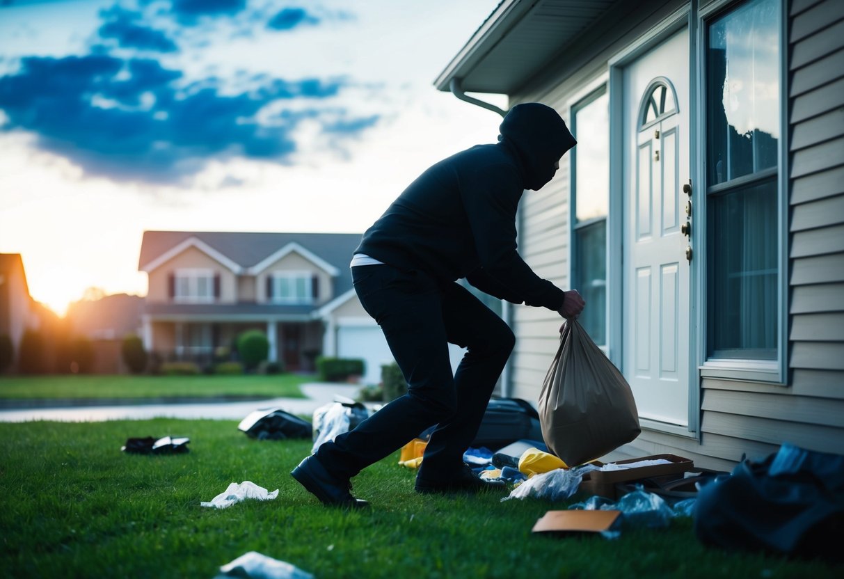 Uma figura sombria se esgueira ao redor de uma casa suburbana, segurando uma bolsa com bens roubados, enquanto uma janela quebrada e itens espalhados indicam uma recente invasão.