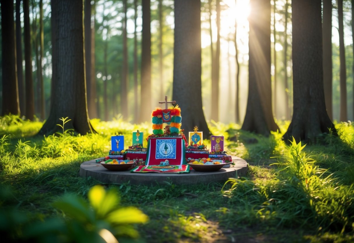 Uma clareira serena na floresta com a luz do sol filtrando através das árvores, revelando um pequeno altar adornado com ofertas coloridas e símbolos de vários orixás.