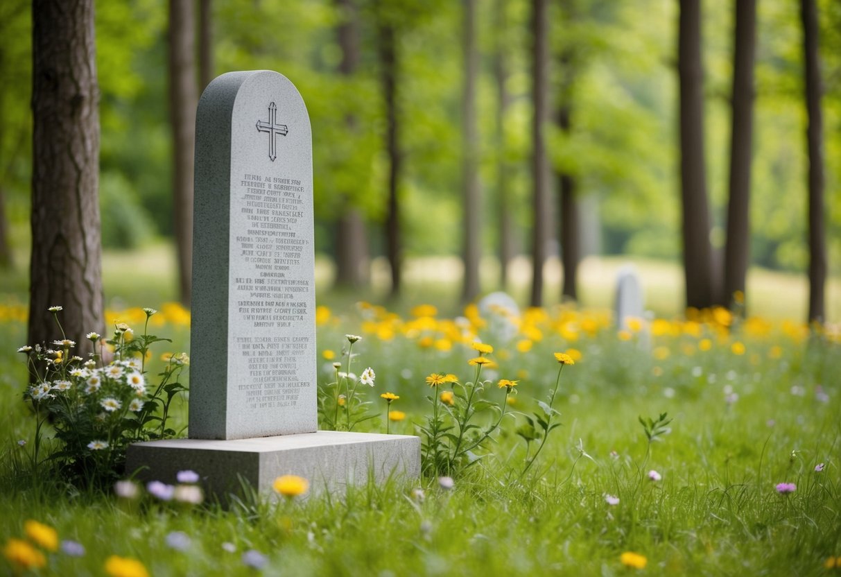 Uma clareira tranquila na floresta com uma simples pedra memorial cercada por flores silvestres e árvores