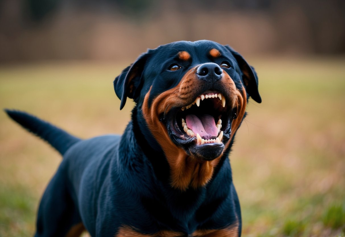 Um Rottweiler rosnando está com os pelos arrepiados e os dentes à mostra, rosnando agressivamente para uma ameaça invisível.